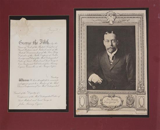 A George V citation for the Order of St Michael and St George unframed, 20 x 25in.